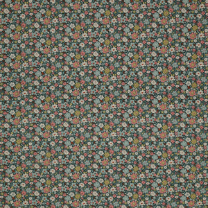 Village Life Fabric Collection - Esther Petrol: petrol blue with dense pink, blue, cream, and green flowers in a small-scale pattern TIL100689-ESTHER-PETROL