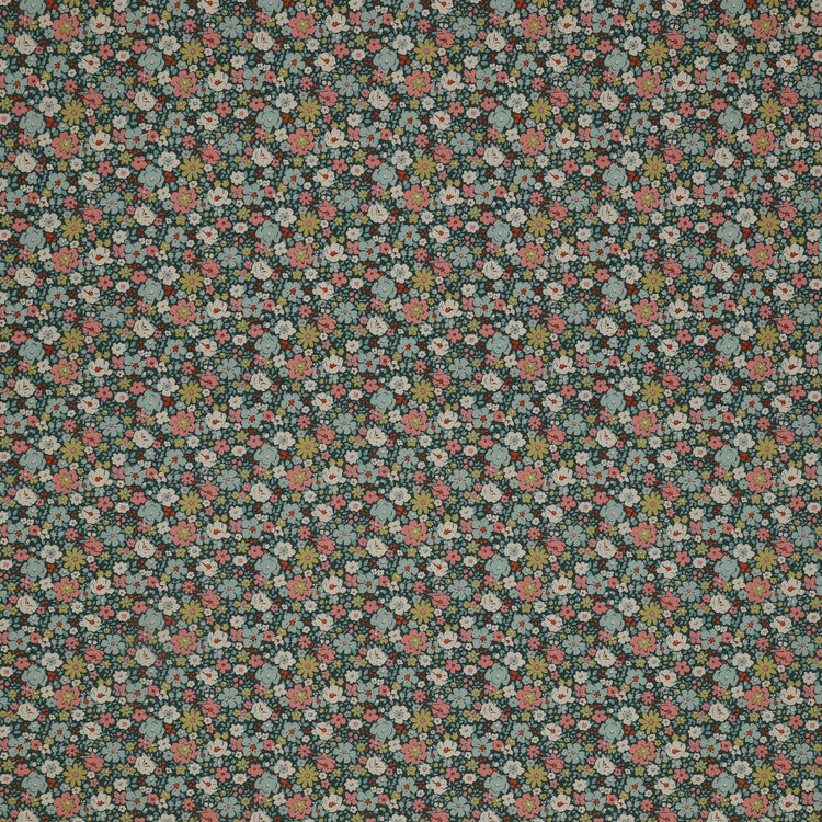 Village Life Fabric Collection - Esther Petrol: petrol blue with dense pink, blue, cream, and green flowers in a small-scale pattern TIL100689-ESTHER-PETROL