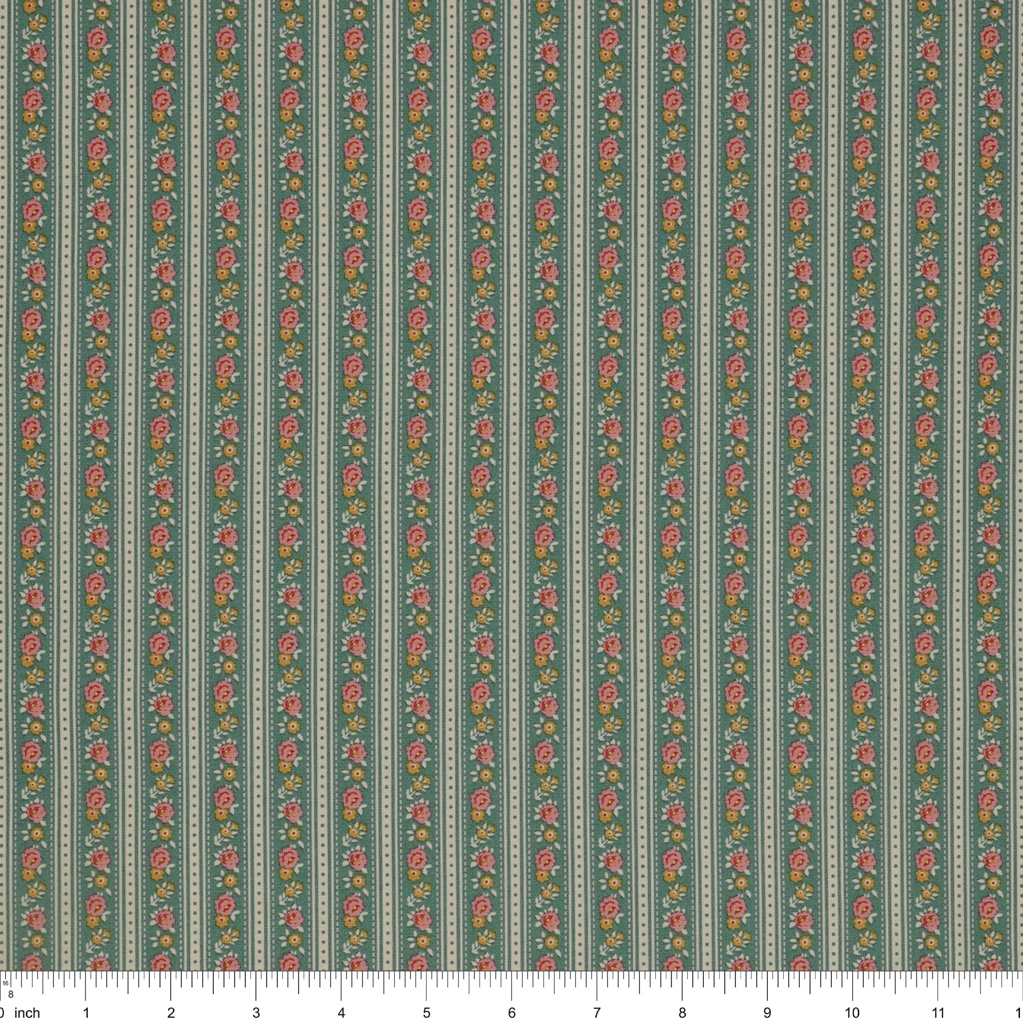 Village Life Fabric Collection - Agnes Teal: TIL100690-AGNES-TEAL with ruler for scale