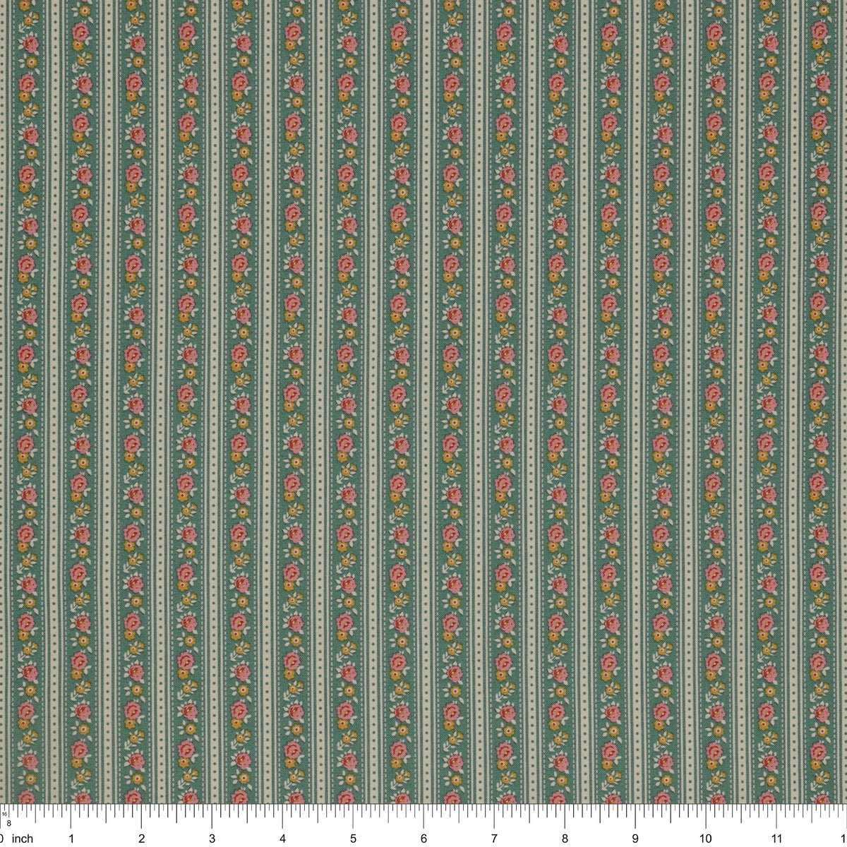 Village Life Fabric Collection - Agnes Teal: TIL100690-AGNES-TEAL with ruler for scale