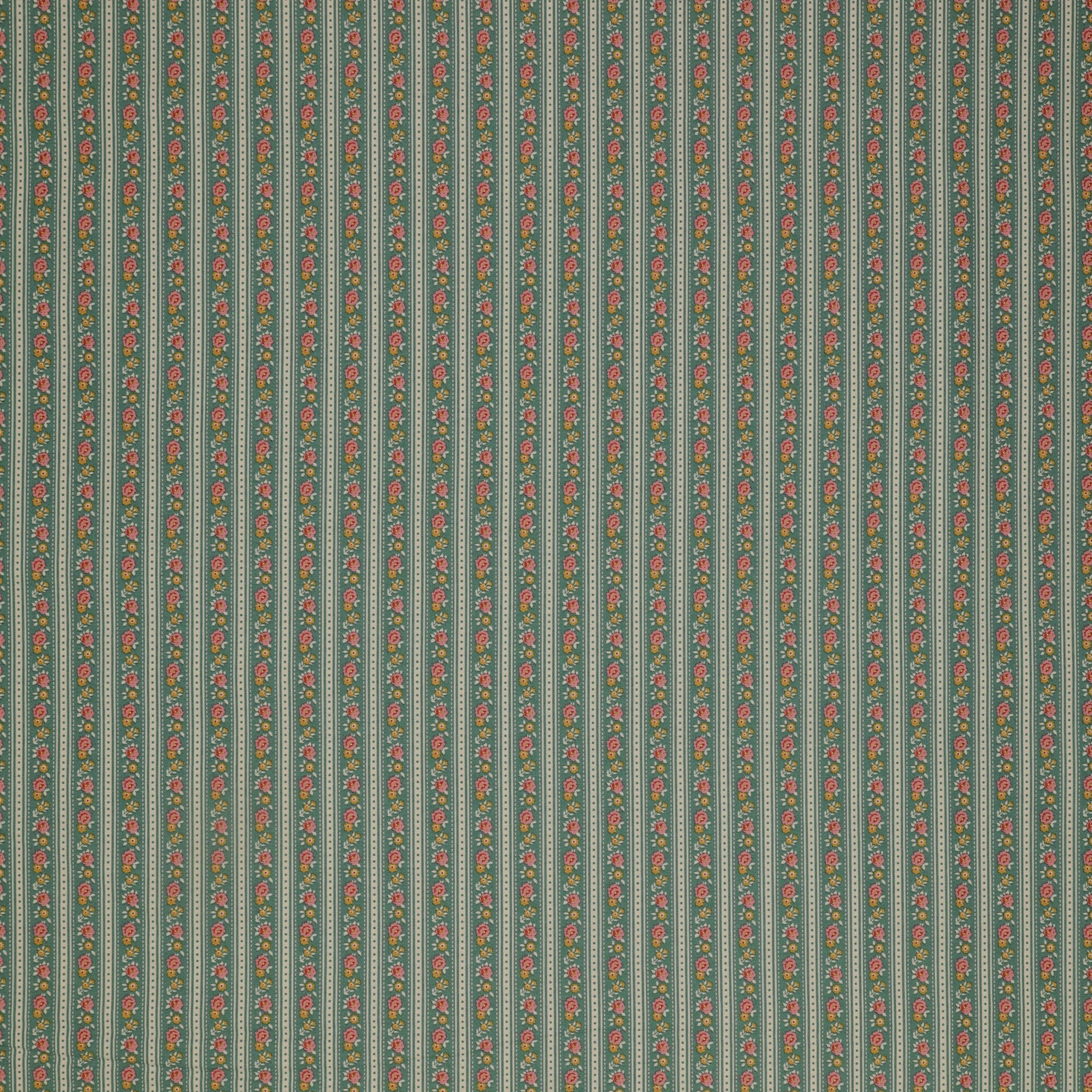 Village Life Fabric Collection - Agnes Teal: Teal and cream vertical stripes with tiny pink and yellow floral accents TIL100690-AGNES-TEAL