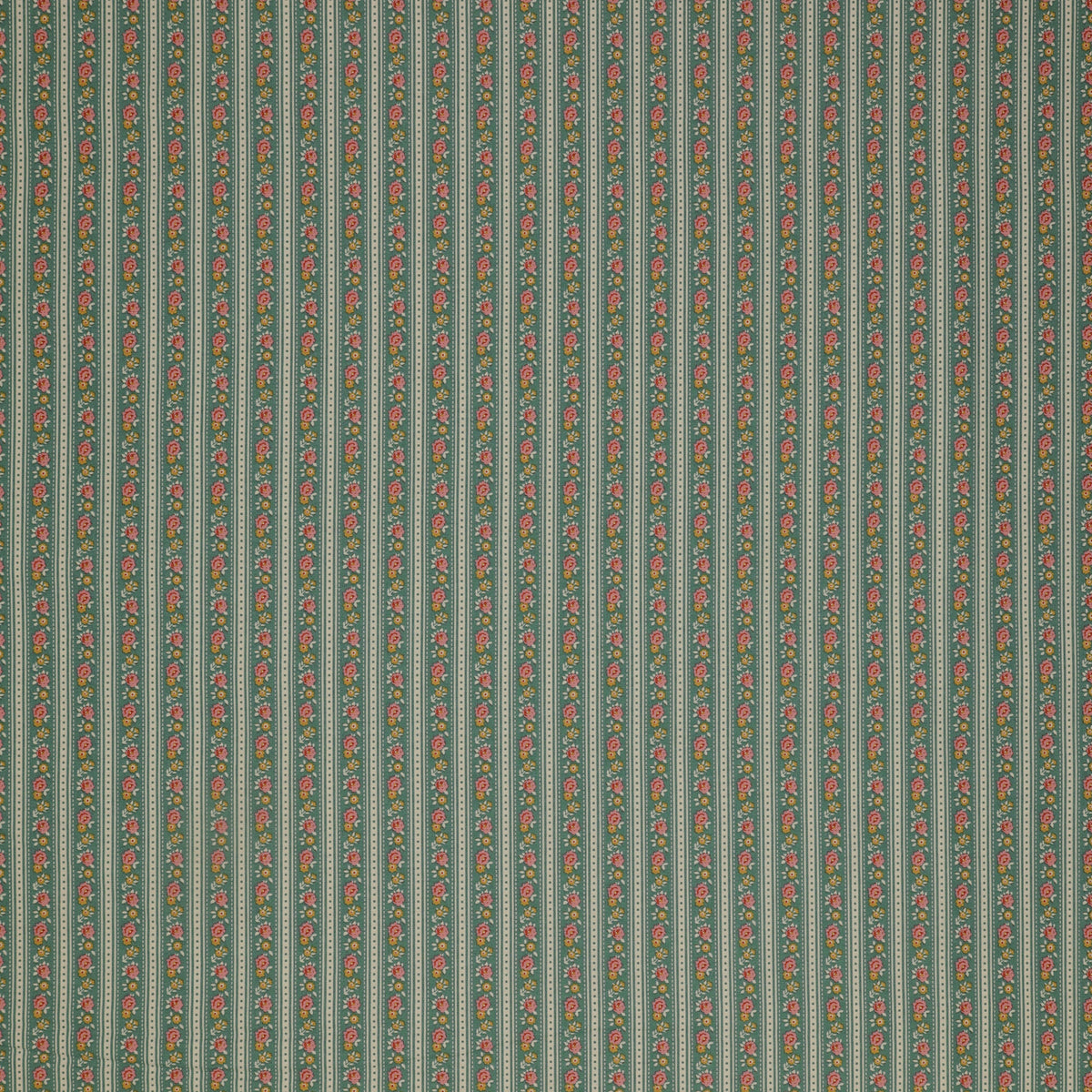 Village Life Fabric Collection - Agnes Teal: Teal and cream vertical stripes with tiny pink and yellow floral accents TIL100690-AGNES-TEAL