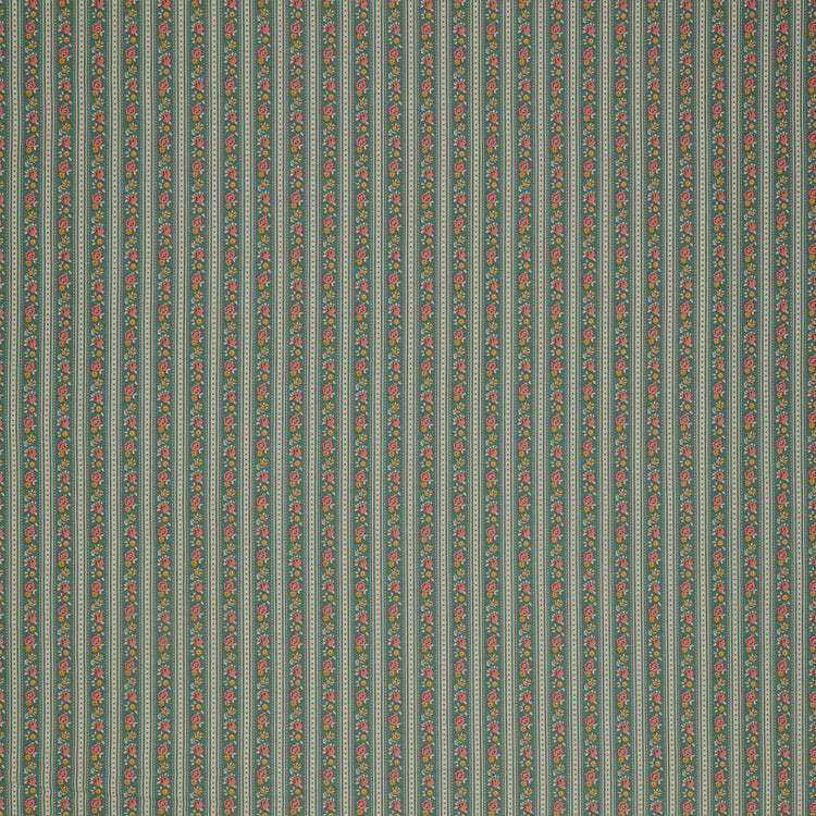 Village Life Fabric Collection - Agnes Teal: Teal and cream vertical stripes with tiny pink and yellow floral accents TIL100690-AGNES-TEAL