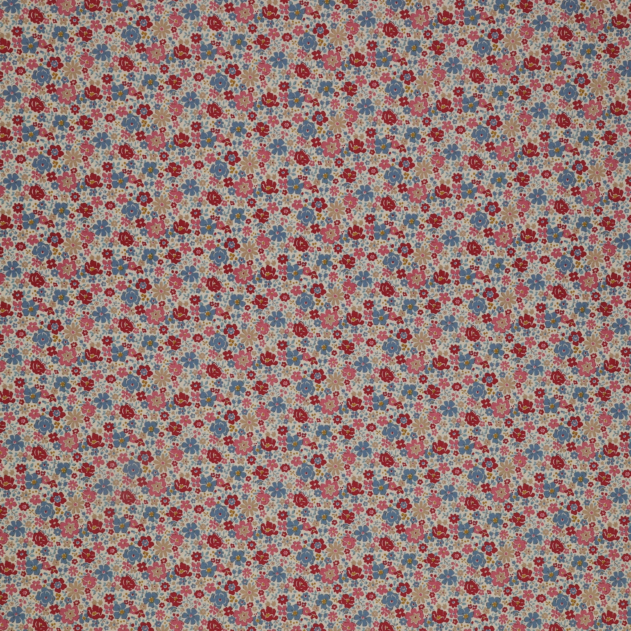 Village Life Fabric Collection - Esther Cold Cream: Cream with dense red, pink, blue, and gold flowers in a small-scale repeating floral pattern TIL100691-ESTHER-COLD-CREAM
