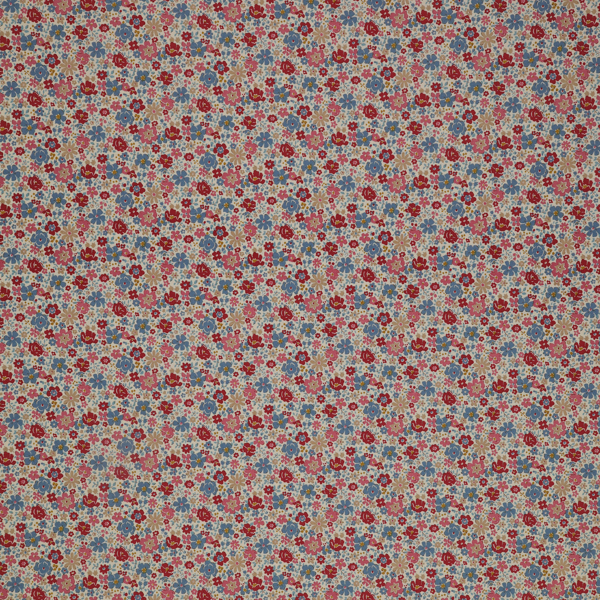 Village Life Fabric Collection - Esther Cold Cream: Cream with dense red, pink, blue, and gold flowers in a small-scale repeating floral pattern TIL100691-ESTHER-COLD-CREAM
