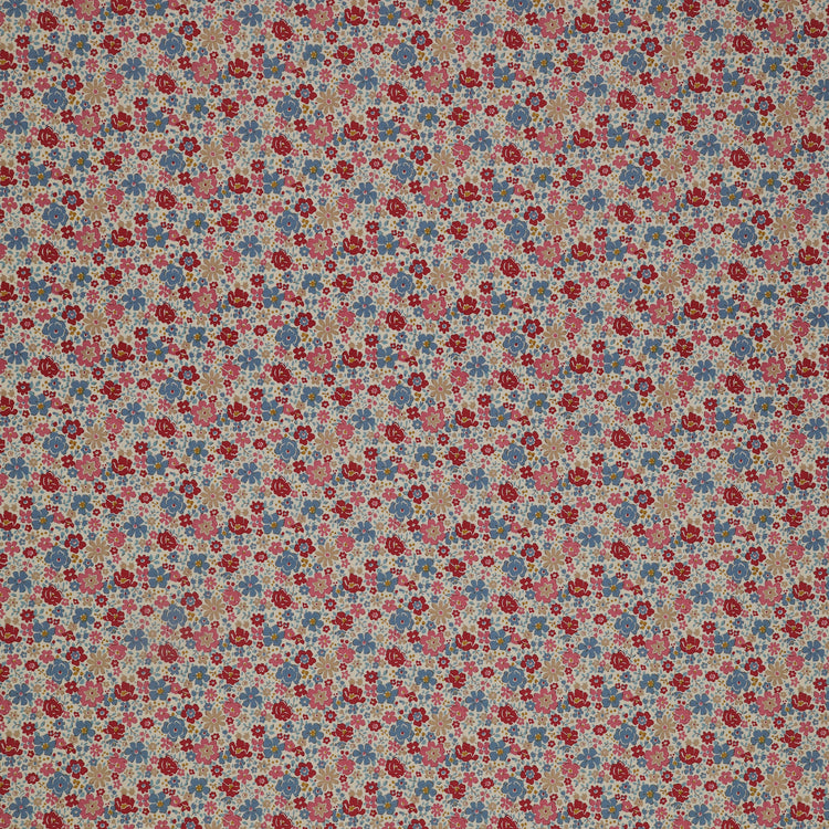 Village Life Fabric Collection - Esther Cold Cream: Cream with dense red, pink, blue, and gold flowers in a small-scale repeating floral pattern TIL100691-ESTHER-COLD-CREAM