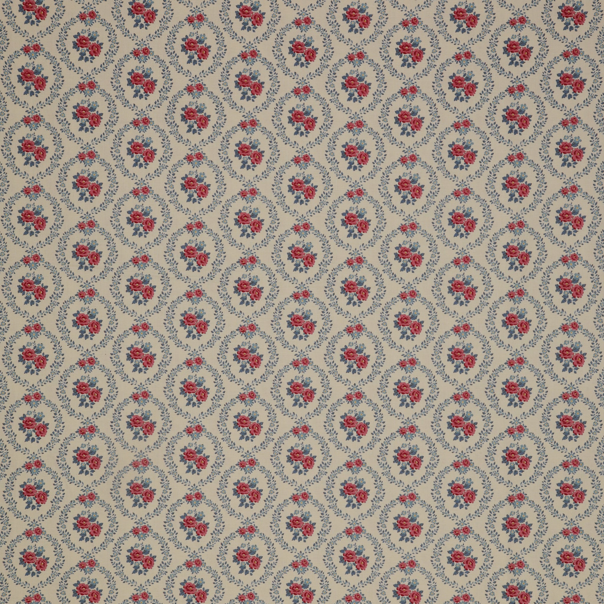 Village Life Fabric Collection - Mable Cold Cream: Cream with pink rose bouquets framed by blue floral wreaths in a repeating pattern TIL100692-MABLE-COLD-CREAM
