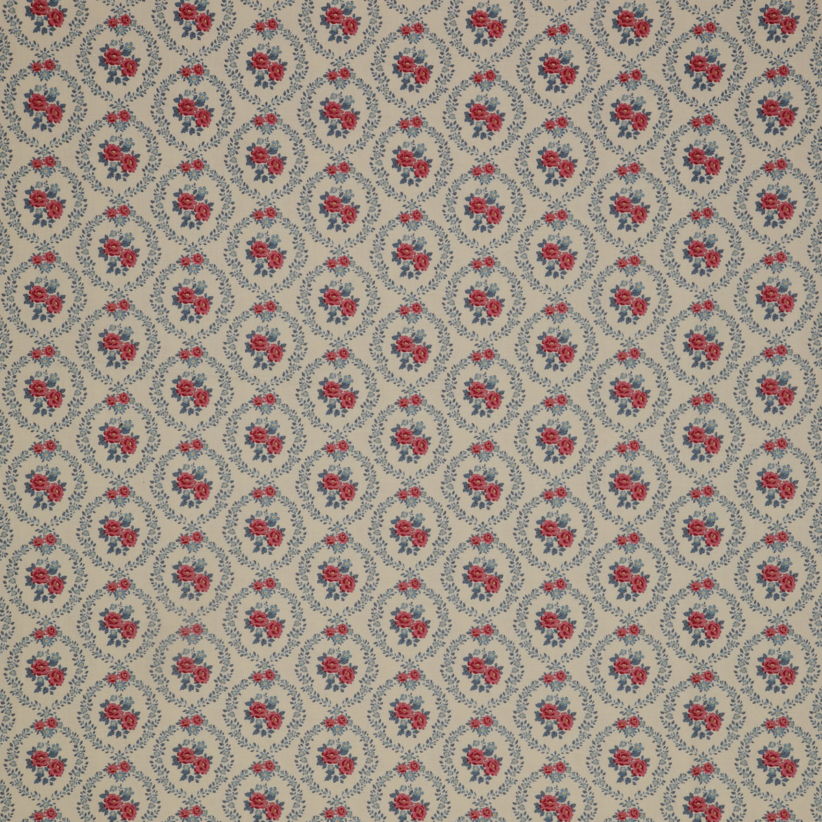 Village Life Fabric Collection - Mable Cold Cream: Cream with pink rose bouquets framed by blue floral wreaths in a repeating pattern TIL100692-MABLE-COLD-CREAM