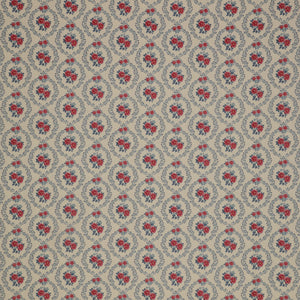 Village Life Fabric Collection - Mable Cold Cream: Cream with pink rose bouquets framed by blue floral wreaths in a repeating pattern TIL100692-MABLE-COLD-CREAM