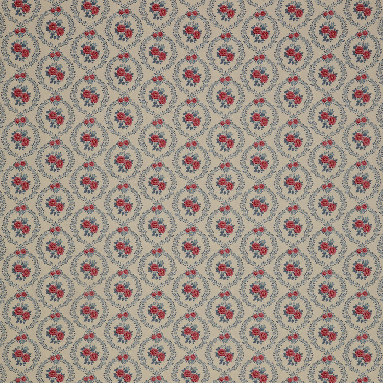 Village Life Fabric Collection - Mable Cold Cream: Cream with pink rose bouquets framed by blue floral wreaths in a repeating pattern TIL100692-MABLE-COLD-CREAM