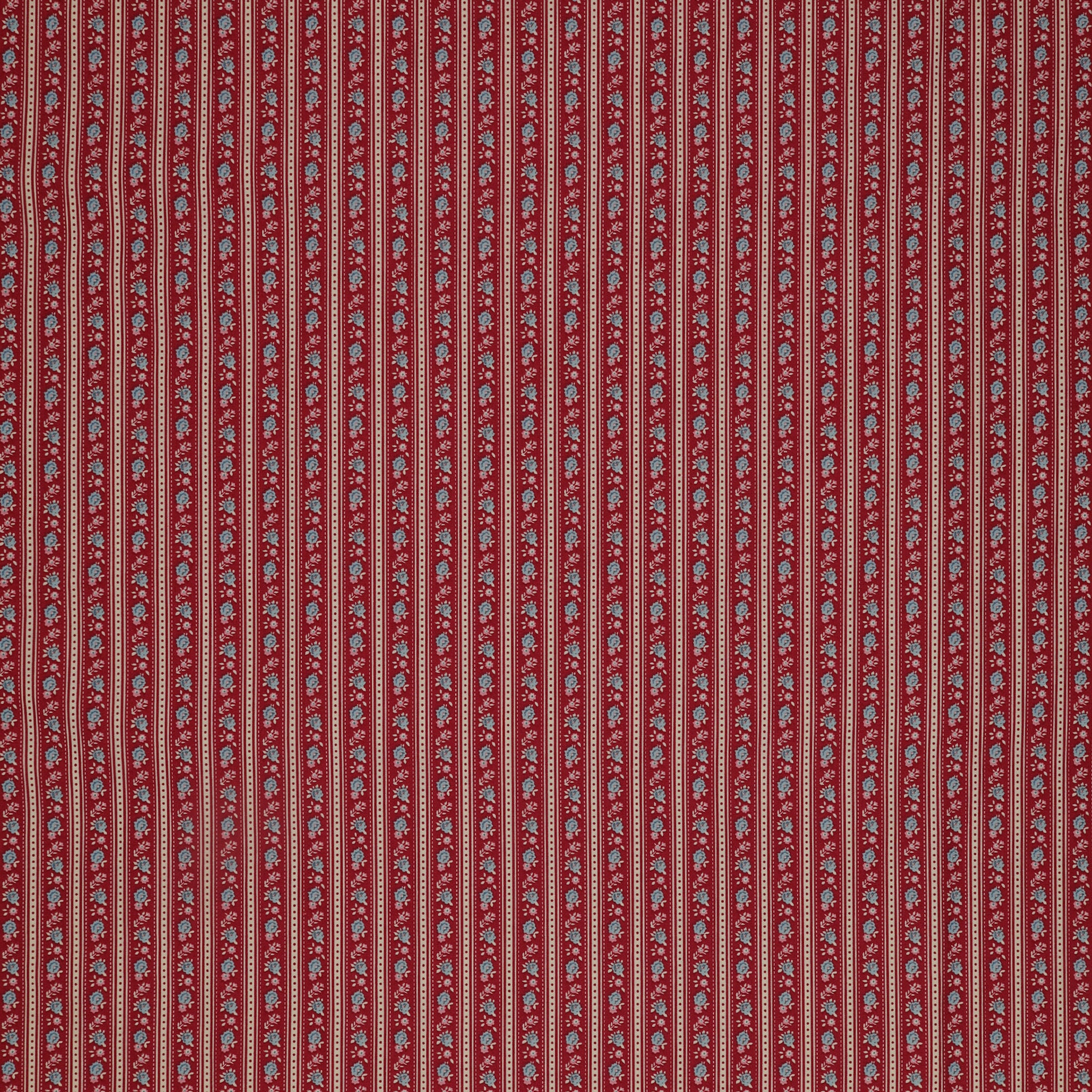 Village Life Fabric Collection - Agnes Burgundy: Burgundy and cream vertical stripes with tiny blue and pink floral accents TIL100693-AGNES-BURGUNDY