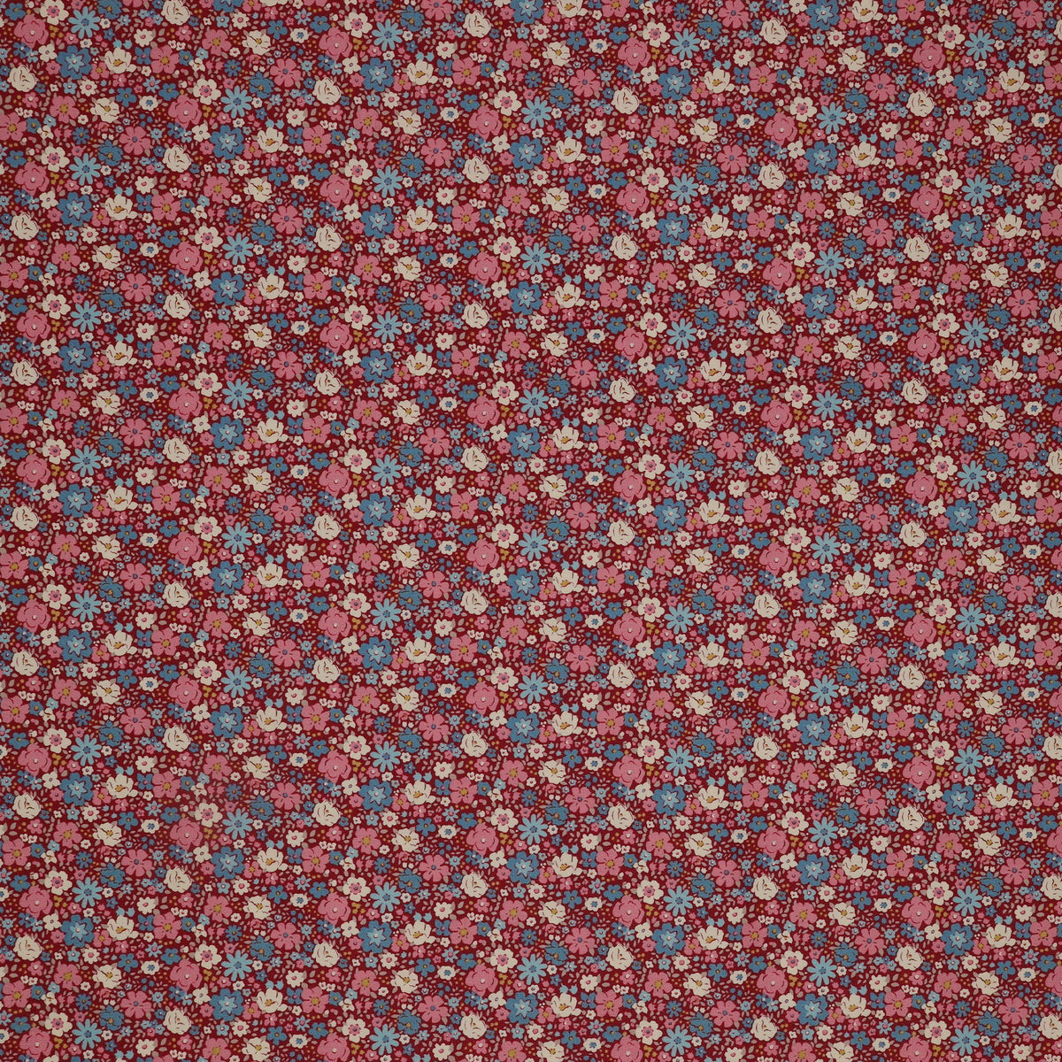 Village Life Fabric Collection - Esther Burgundy: burgundy with dense pink, blue, and cream flowers in a small-scale repeating floral pattern TIL100695-ESTHER-BURGUNDY