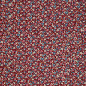 Village Life Fabric Collection - Esther Burgundy: burgundy with dense pink, blue, and cream flowers in a small-scale repeating floral pattern TIL100695-ESTHER-BURGUNDY