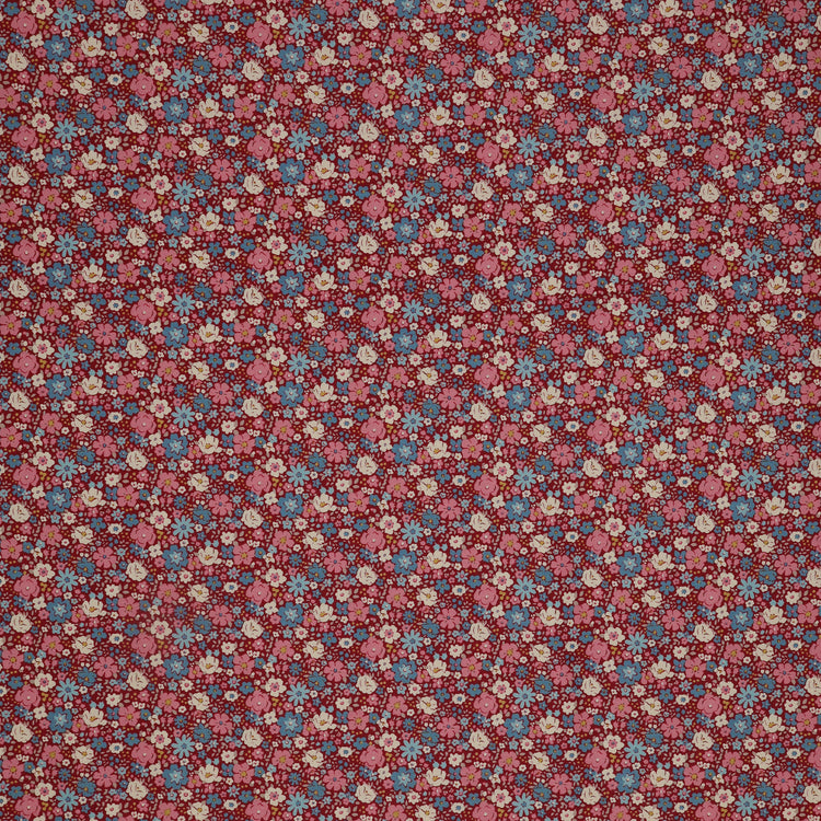 Village Life Fabric Collection - Esther Burgundy: burgundy with dense pink, blue, and cream flowers in a small-scale repeating floral pattern TIL100695-ESTHER-BURGUNDY