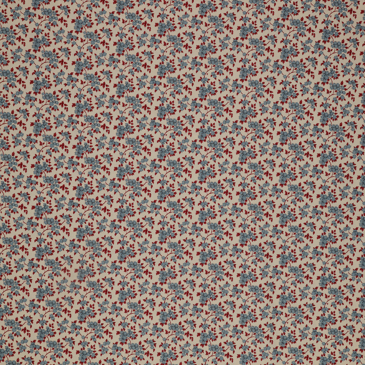 Village Life Fabric Collection - Ruth Blue: dusty blue flowers and red leafy vines in a delicate repeating pattern TIL100696-RUTH-BLUE