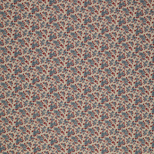 Village Life Fabric Collection - Ruth Blue: dusty blue flowers and red leafy vines in a delicate repeating pattern TIL100696-RUTH-BLUE