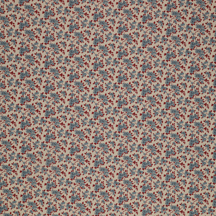 Village Life Fabric Collection - Ruth Blue: dusty blue flowers and red leafy vines in a delicate repeating pattern TIL100696-RUTH-BLUE