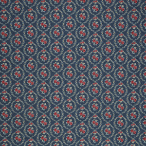 Village Life Fabric Collection - Mable Blue: Blue with pink rose bouquets framed by cream floral wreaths in a repeating pattern TIL100697-MABLE-BLUE