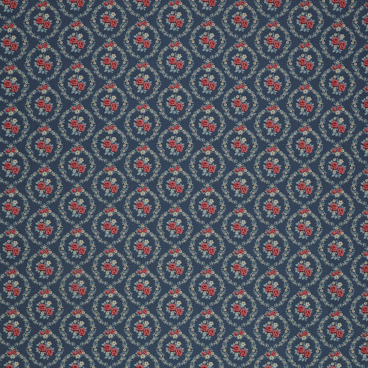 Village Life Fabric Collection - Mable Blue: Blue with pink rose bouquets framed by cream floral wreaths in a repeating pattern TIL100697-MABLE-BLUE