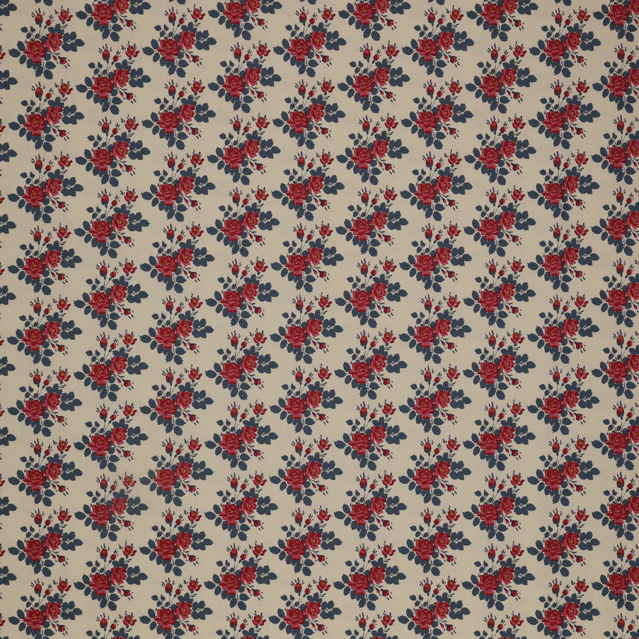 Village Life Fabric Collection - Myrtle Blue: red rose bouquets and deep blue leaves in a repeating floral pattern TIL100698-MYRTLE-BLUE