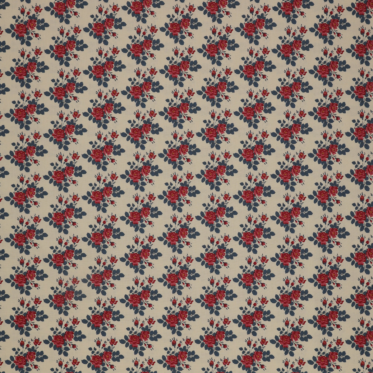 Village Life Fabric Collection - Myrtle Blue: red rose bouquets and deep blue leaves in a repeating floral pattern TIL100698-MYRTLE-BLUE