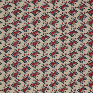 Village Life Fabric Collection - Myrtle Blue: red rose bouquets and deep blue leaves in a repeating floral pattern TIL100698-MYRTLE-BLUE