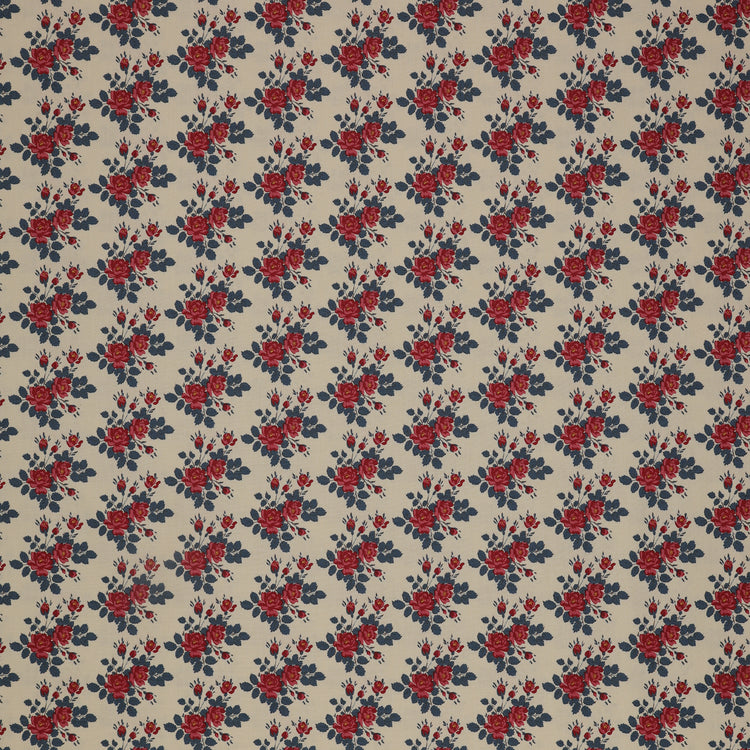 Village Life Fabric Collection - Myrtle Blue: red rose bouquets and deep blue leaves in a repeating floral pattern TIL100698-MYRTLE-BLUE