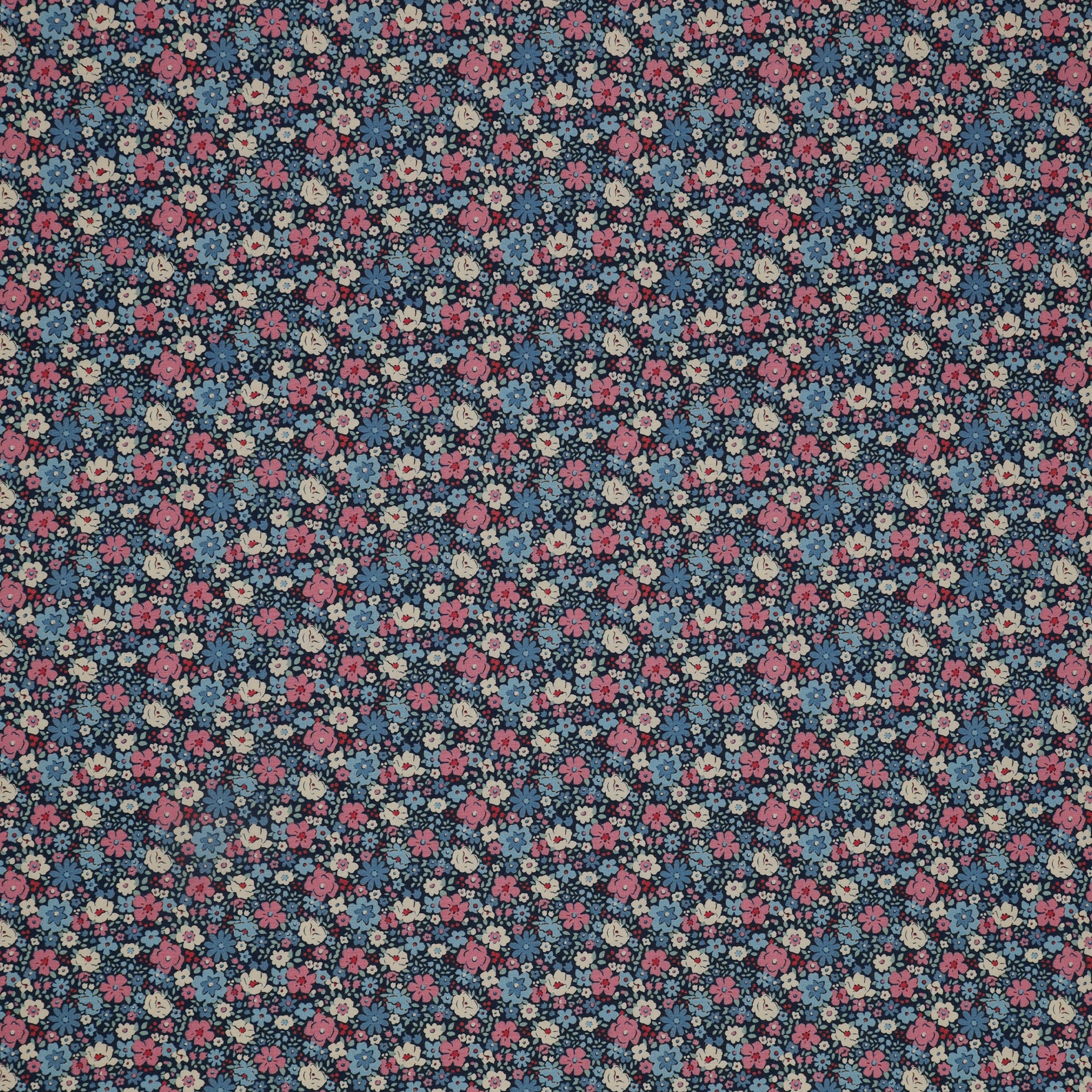 100699-ESTHER-BLUE: blue with dense pink, blue, and cream flowers in a small-scale repeating floral pattern TIL100699-ESTHER-BLUE