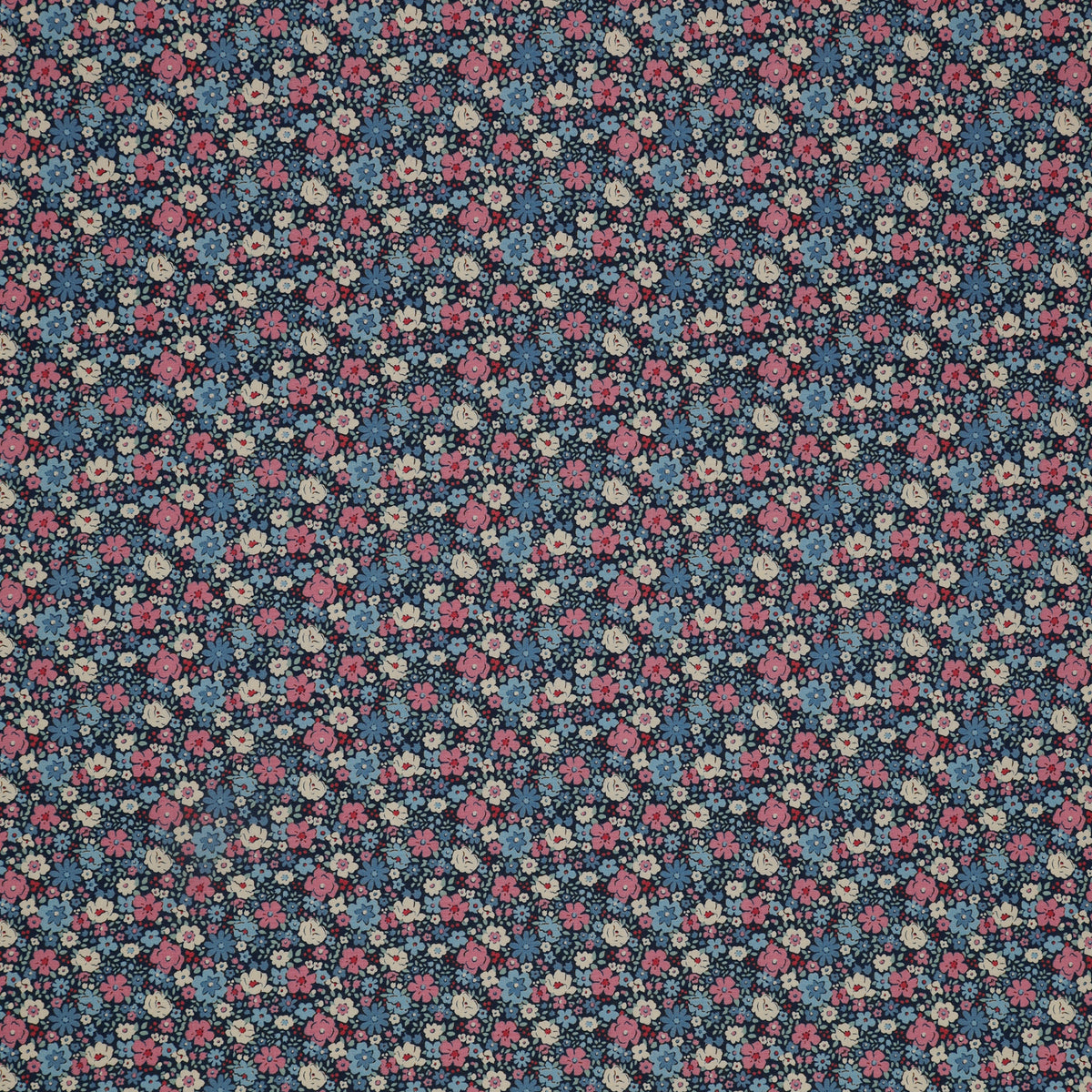 100699-ESTHER-BLUE: blue with dense pink, blue, and cream flowers in a small-scale repeating floral pattern TIL100699-ESTHER-BLUE