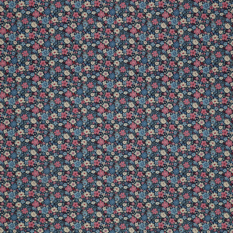 100699-ESTHER-BLUE: blue with dense pink, blue, and cream flowers in a small-scale repeating floral pattern TIL100699-ESTHER-BLUE