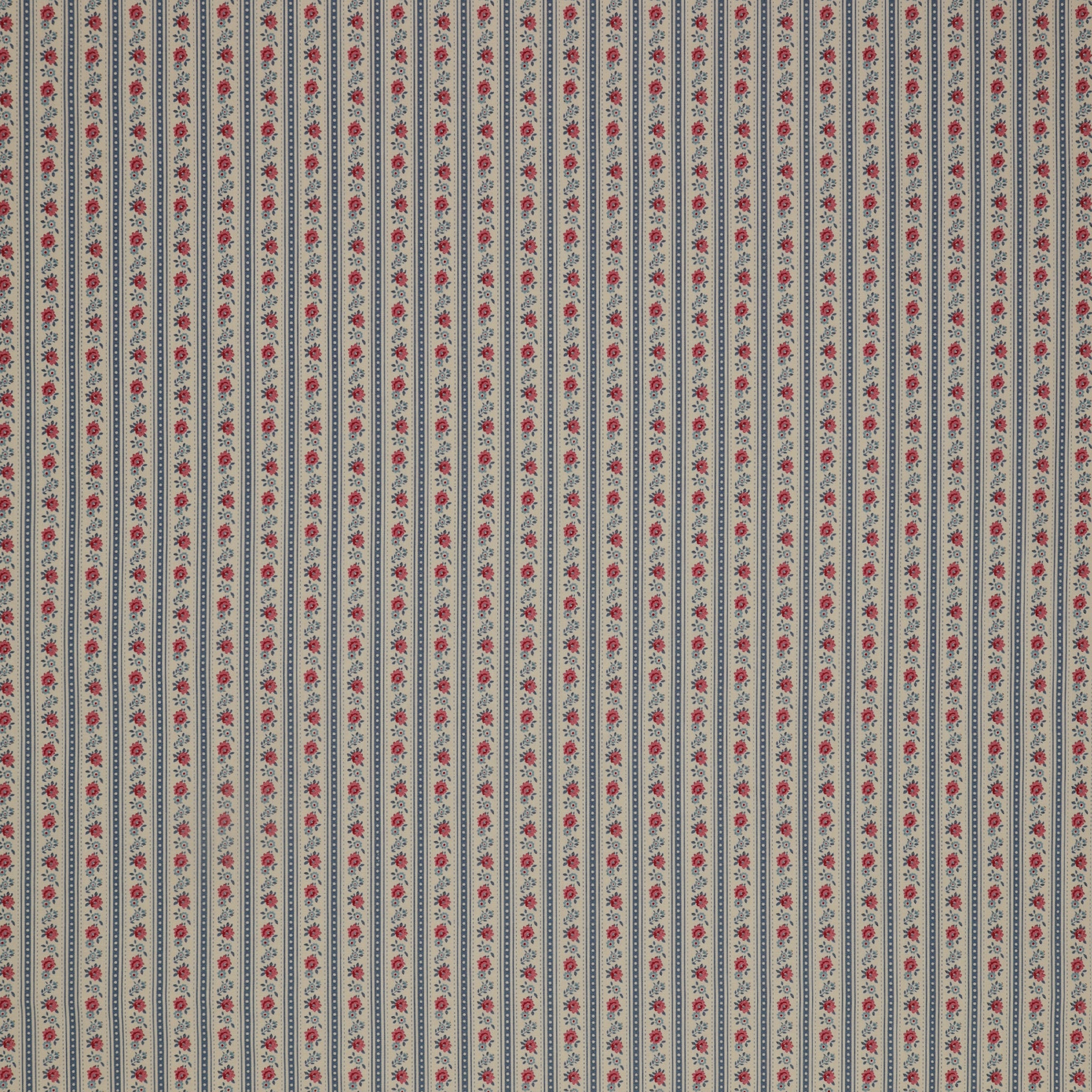 Village Life Fabric Collection - Agnes Blue: Blue and cream vertical stripes with tiny pink and blue floral accents TIL100700-AGNES-BLUE