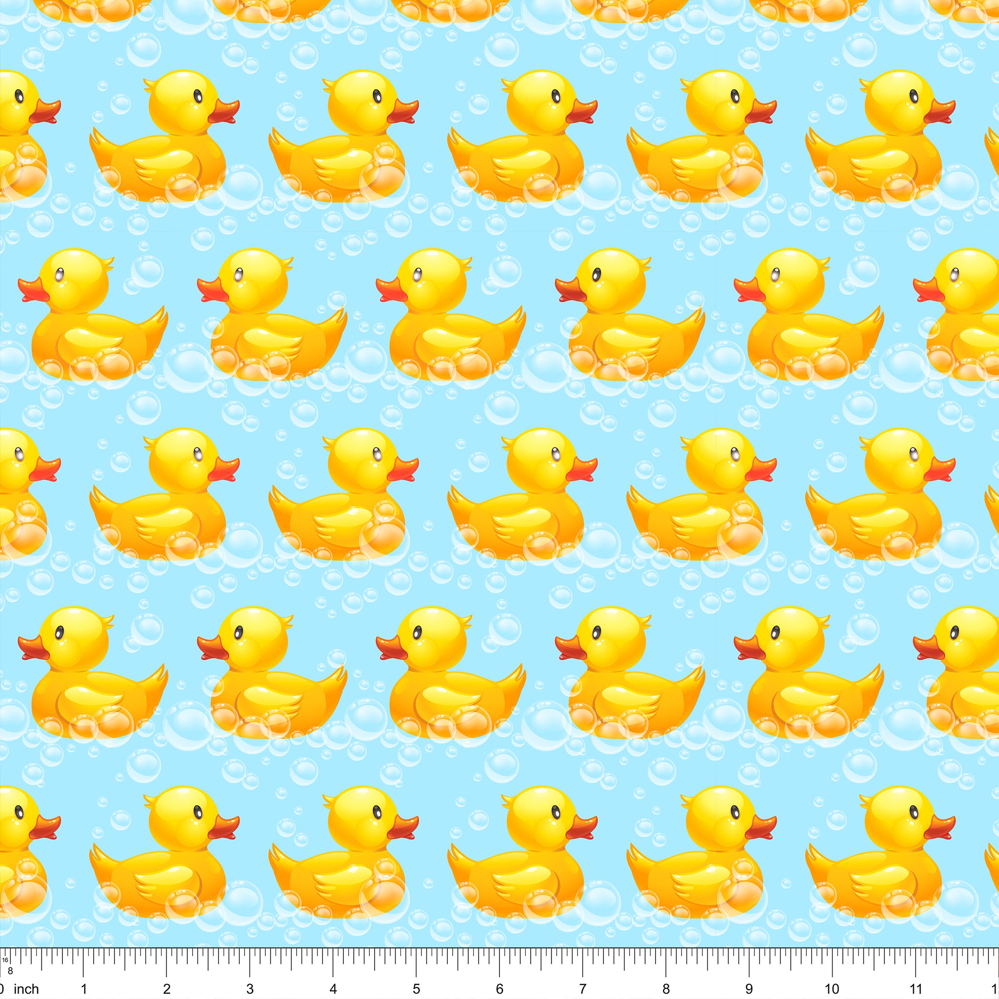 Cotton fabric with rows of yellow rubber ducks and bubbles on light blue background