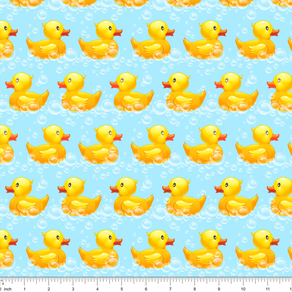 Cotton fabric with rows of yellow rubber ducks and bubbles on light blue background
