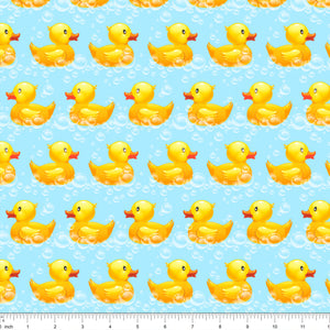 Cotton fabric with rows of yellow rubber ducks and bubbles on light blue background
