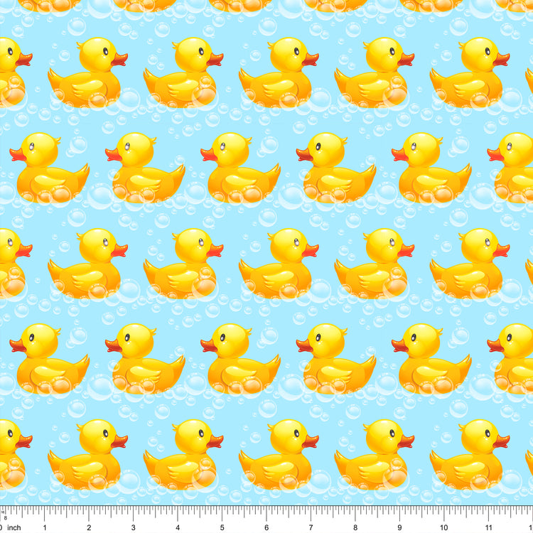 Cotton fabric with rows of yellow rubber ducks and bubbles on light blue background