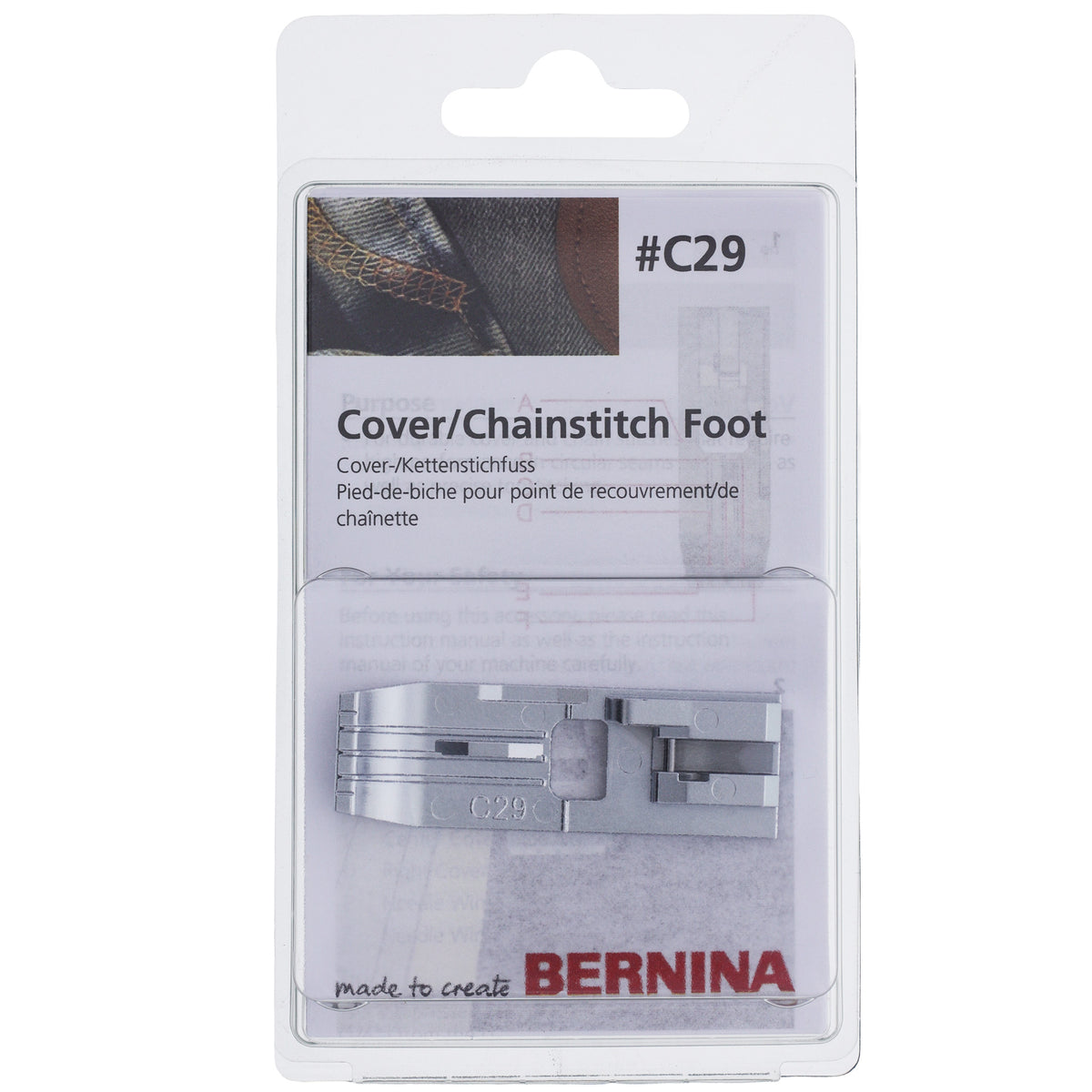 #C29 Metal Coverstitch Foot, Bernina #1104227000 in clear Bernina packaging.