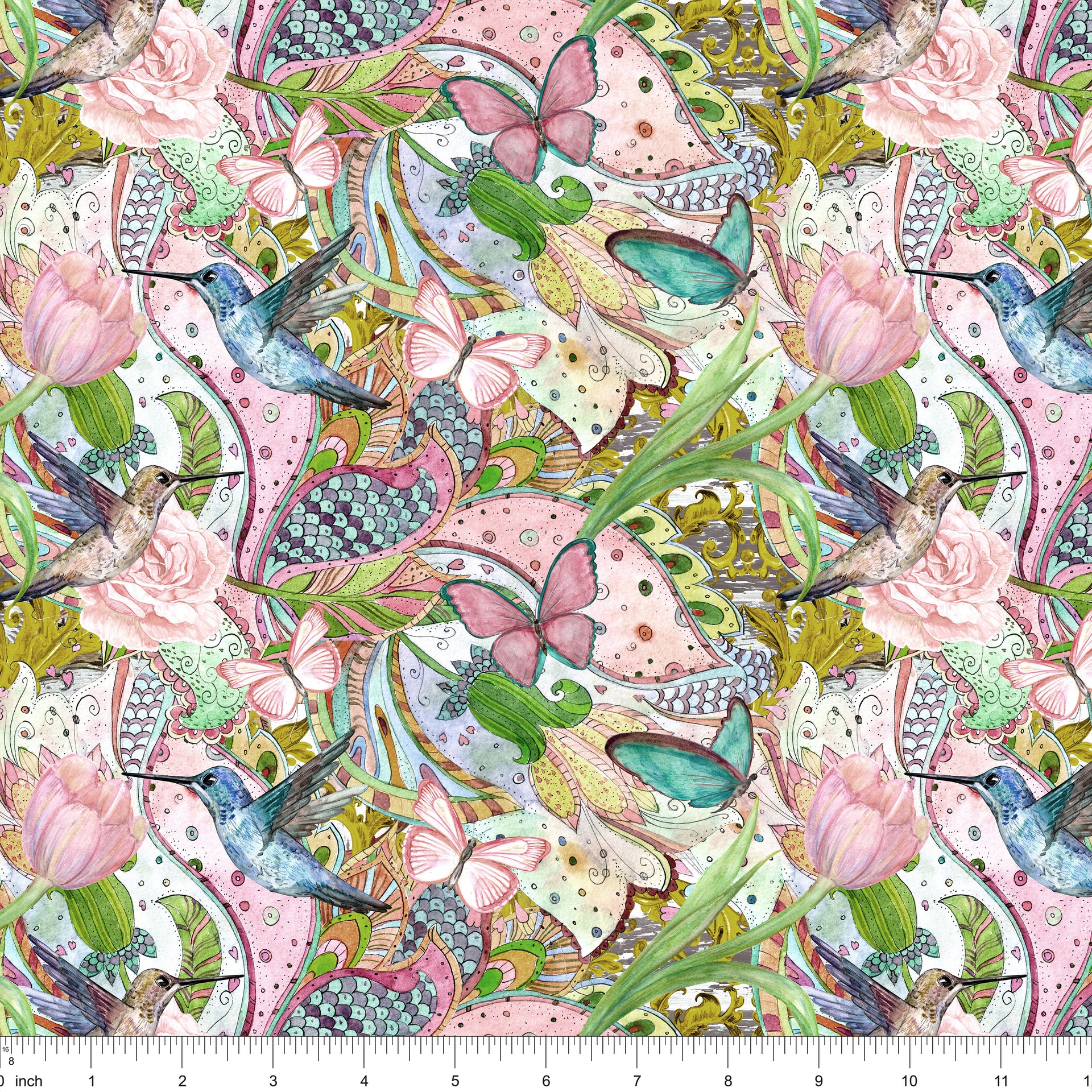 Watercolor Vintage Hummingbirds & Flowers Fabric
