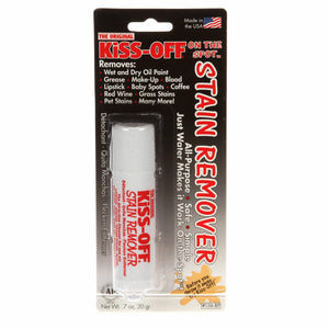 Kiss-Off On the Spot Stain Remover in a 7 oz white plastic tube, sealed in its original black and red blister card packaging.