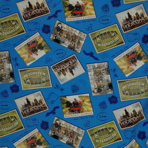 Royal-blue fabric with Hogwarts, Hogwarts Express, Diagon Alley and Quidditch postcards, plus postal marks.