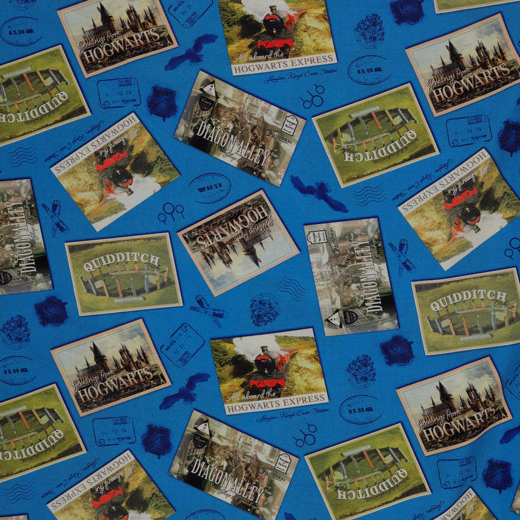 Royal-blue fabric with Hogwarts, Hogwarts Express, Diagon Alley and Quidditch postcards, plus postal marks.