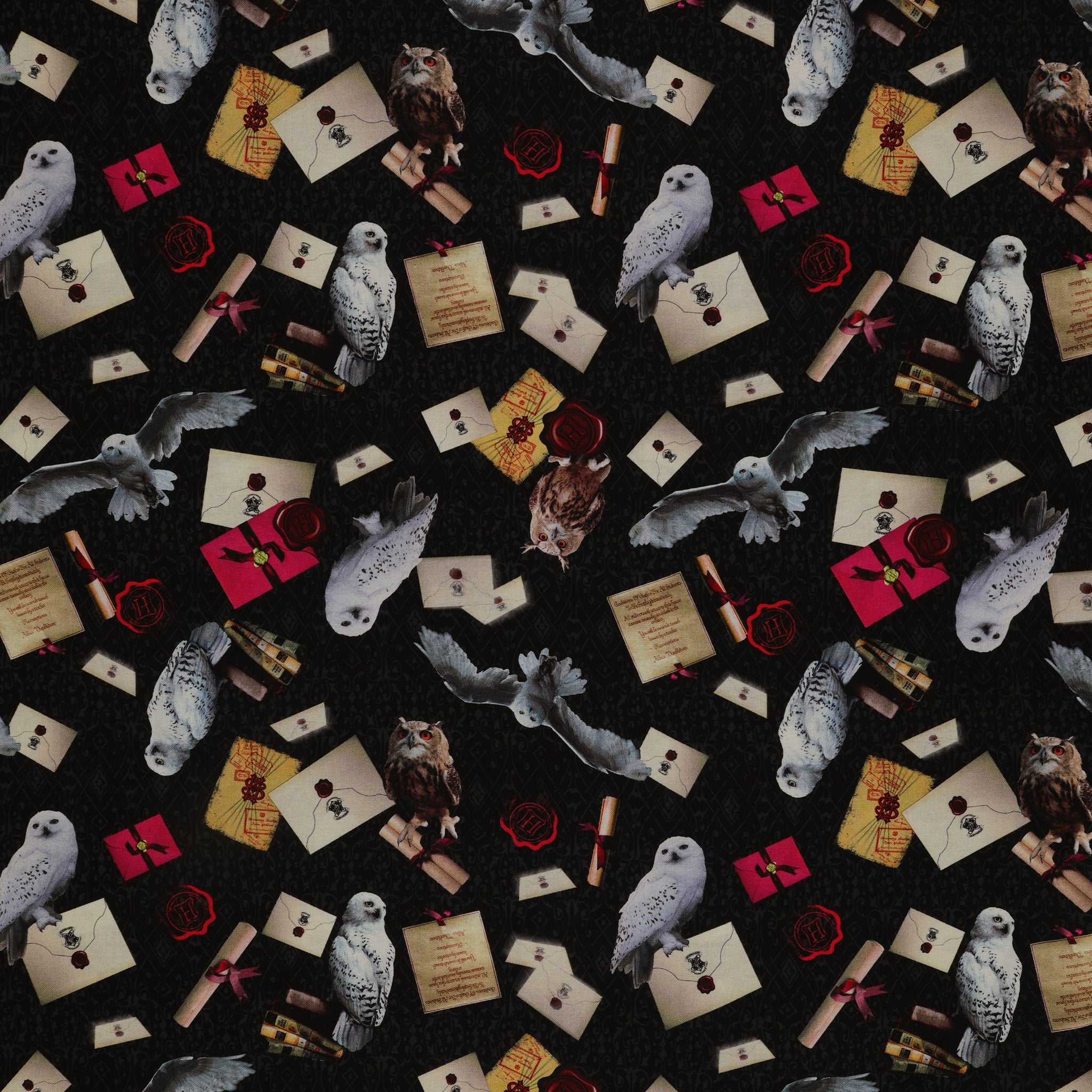 White and brown owls, sealed letters, scrolls and books on black Harry Potter fabric with subtle scrollwork.