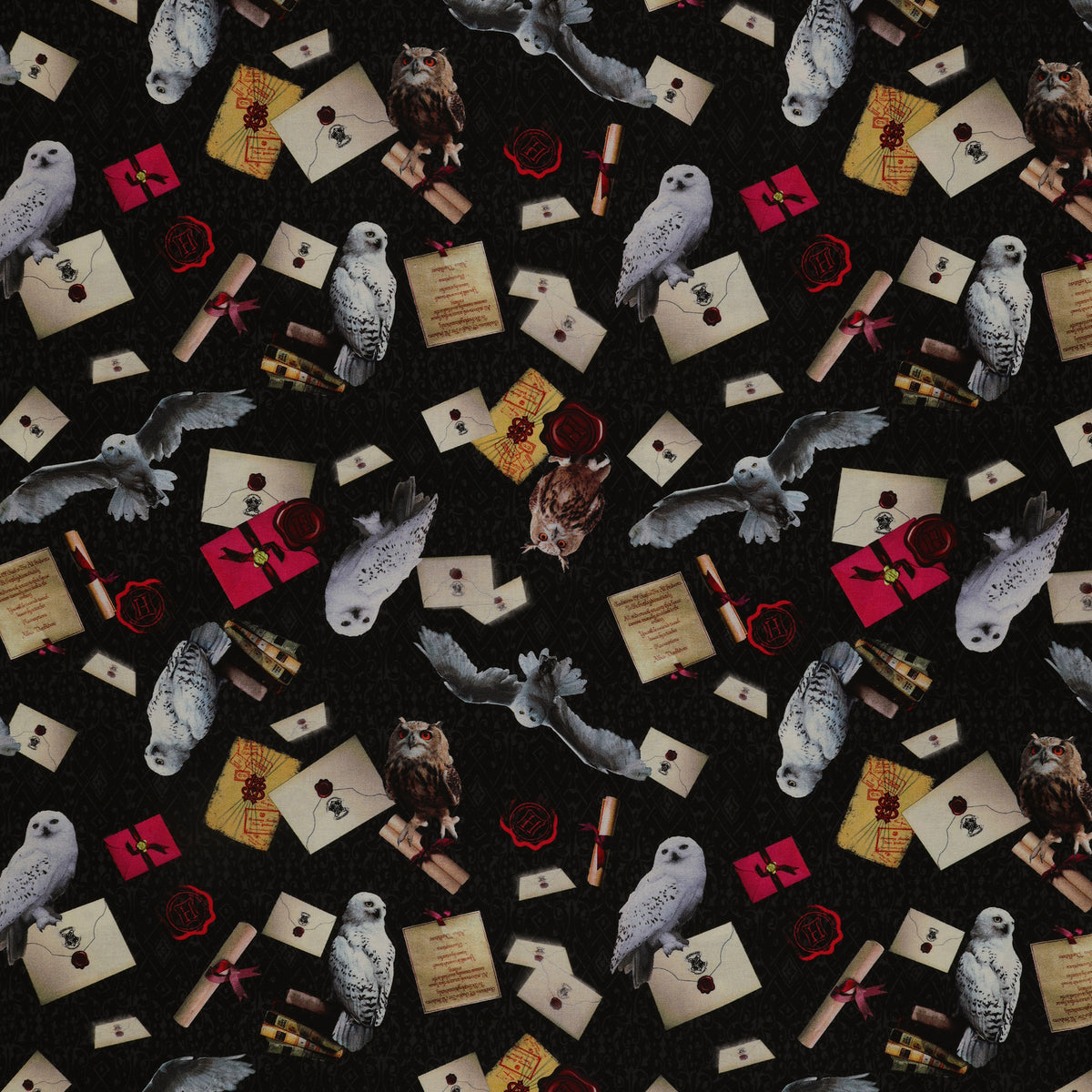 White and brown owls, sealed letters, scrolls and books on black Harry Potter fabric with subtle scrollwork.