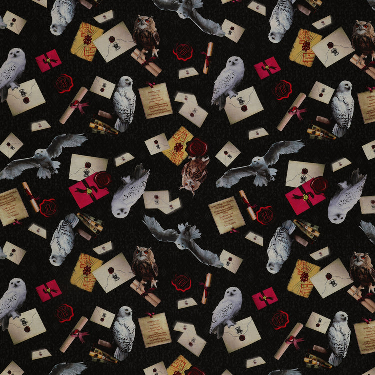 White and brown owls, sealed letters, scrolls and books on black Harry Potter fabric with subtle scrollwork.