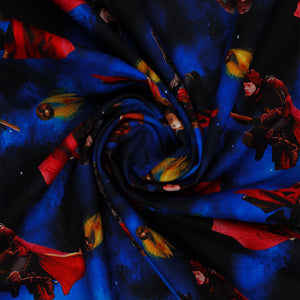 Red-caped broomstick riders and Golden Snitches on an electric-blue and black Harry Potter fabric background in a swirl.