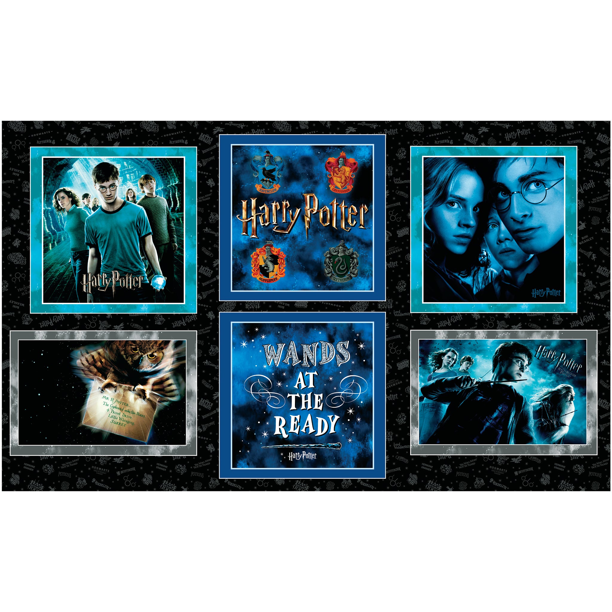 Harry Potter pillow panel with six framed blocks featuring film portraits, house crests, an owl and lettering.
