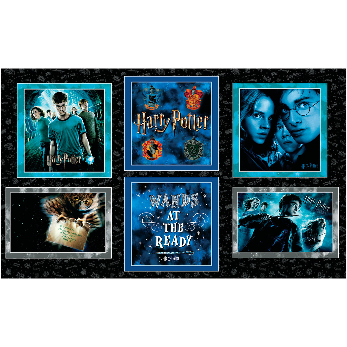 Harry Potter pillow panel with six framed blocks featuring film portraits, house crests, an owl and lettering.