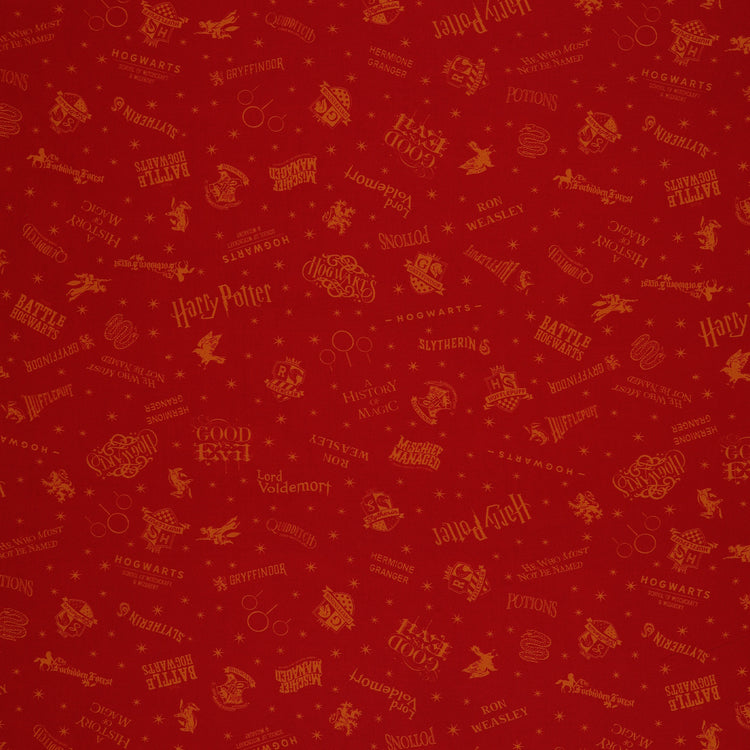 Red Harry Potter fabric with golden-yellow lettering, Hogwarts house shields and scattered stars.