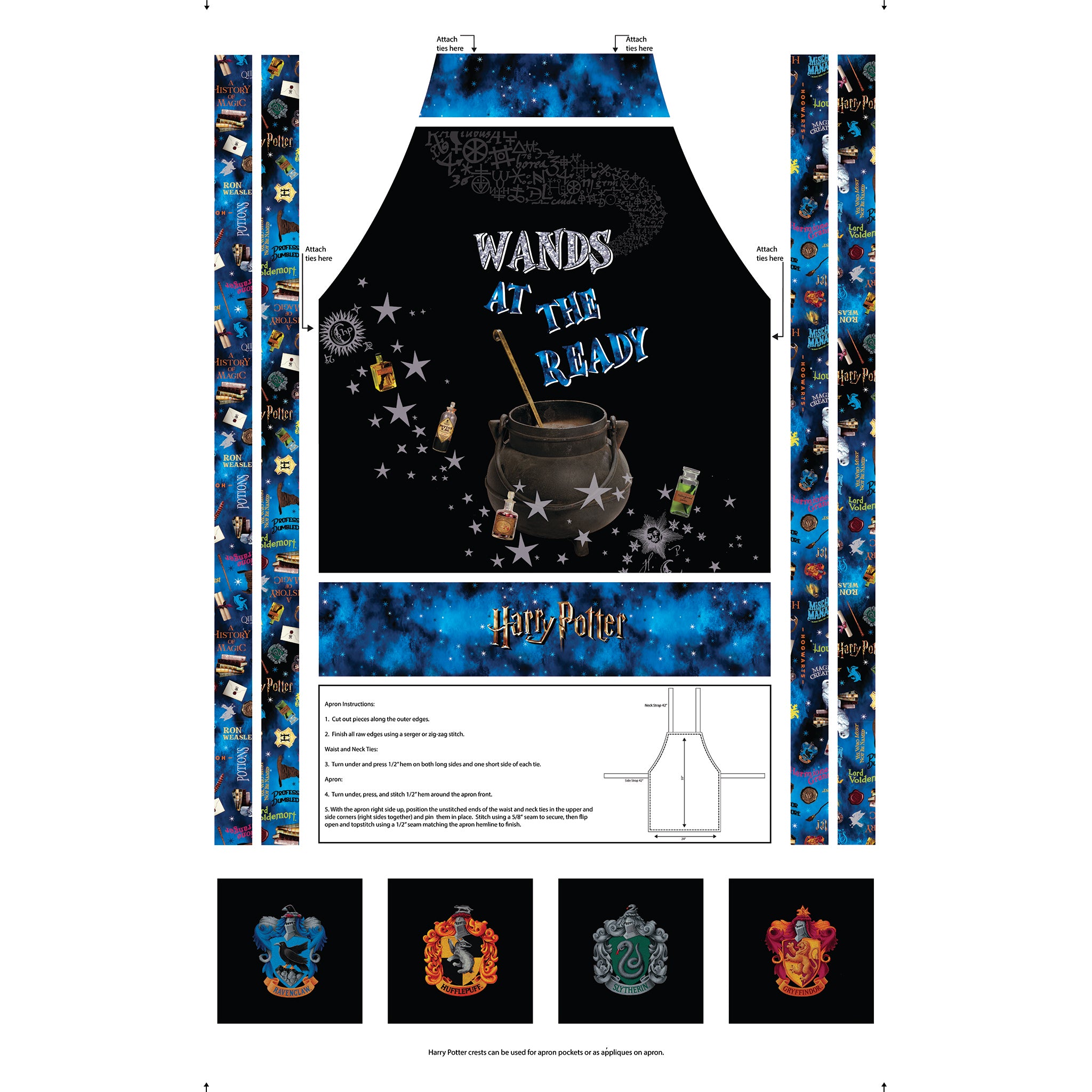 Harry Potter apron panel with a cauldron design, blue ties, printed instructions and four Hogwarts crest squares.
