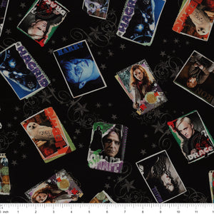 Black Harry Potter fabric with colorful framed film portraits, gray stars and swirling flourishes with ruler for scale.