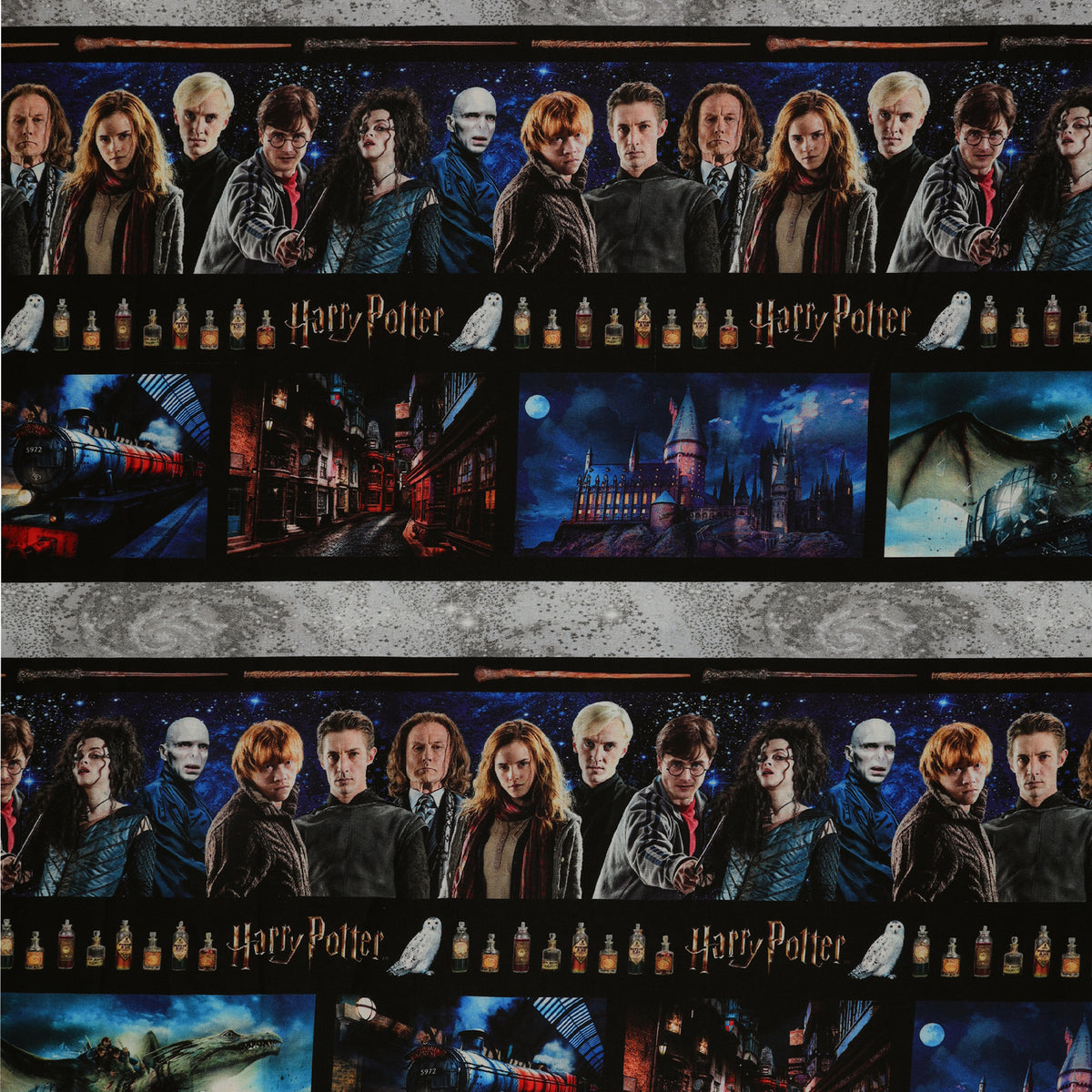 Harry Potter fabric with horizontal bands of film portraits, wands, potion bottles and scenes in blue, black and gray.